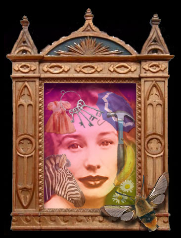 Photo of Tori in ornate 3-D copper frame, her face surrounded by images from her songs: a zebra, peach dress, ring with keys, umbrella, hammer, banana, and daisies; a fuzzy 3-D bee perches on a corner of the frame with wings outstretched
